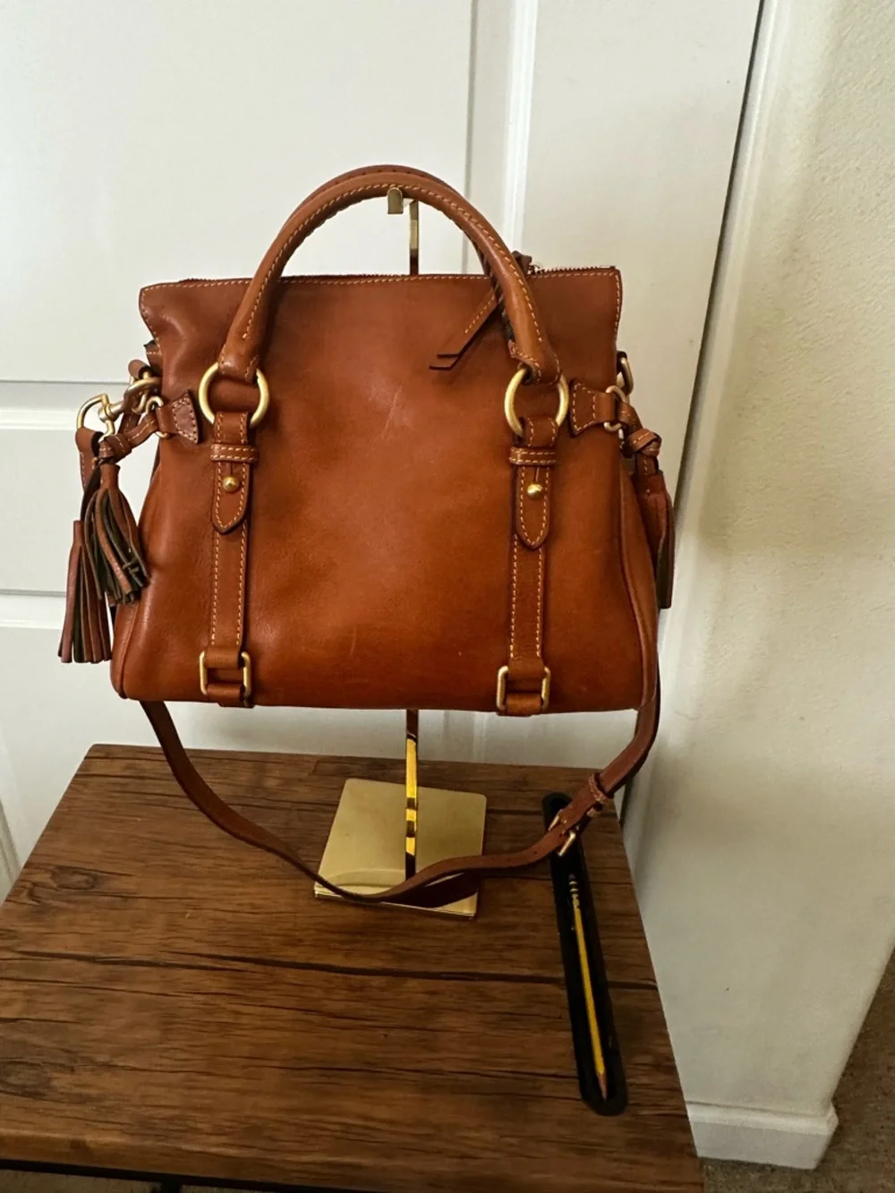 Dooney & Bourke Cognac Leather Satchel with Gold Hardware - Picture 2 of 4